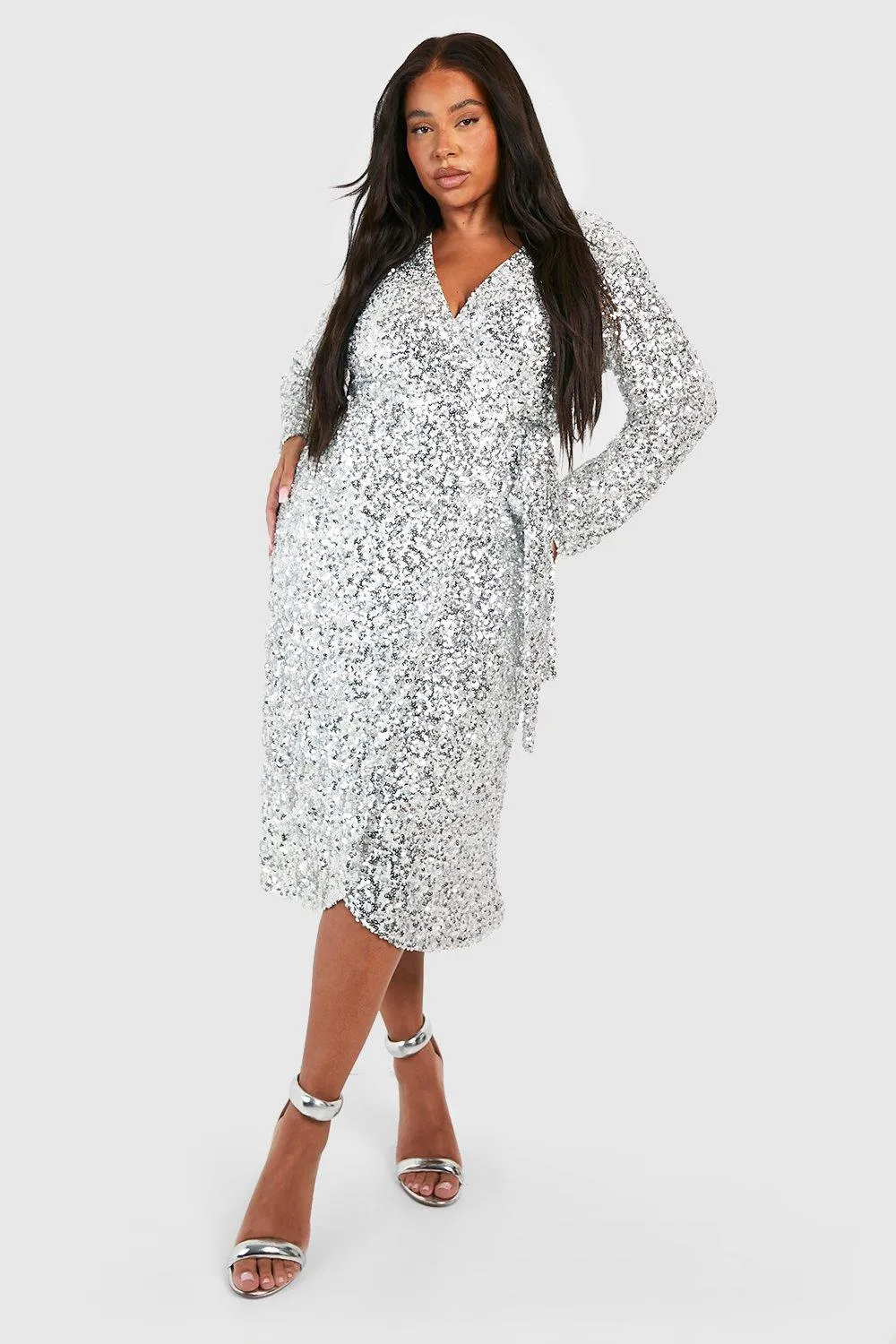 Plus Sequin Tie Belt Wrap Midi Dress