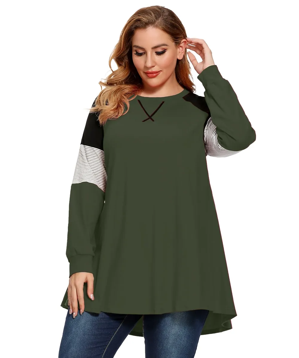 Plus Size Color Block Long Sleeve Tunic Striped Raglan Pullover - LARACE 8087