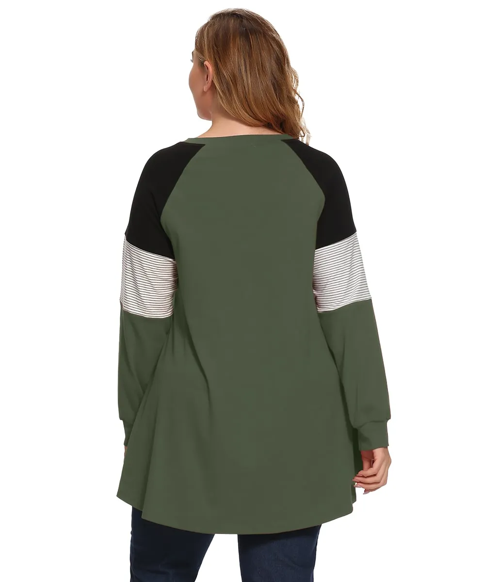 Plus Size Color Block Long Sleeve Tunic Striped Raglan Pullover - LARACE 8087