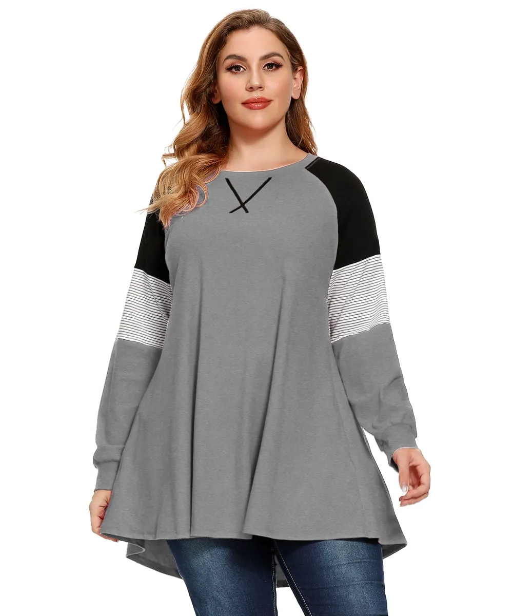 Plus Size Color Block Long Sleeve Tunic Striped Raglan Pullover - LARACE 8087