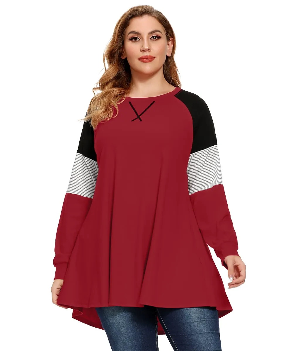 Plus Size Color Block Long Sleeve Tunic Striped Raglan Pullover - LARACE 8087