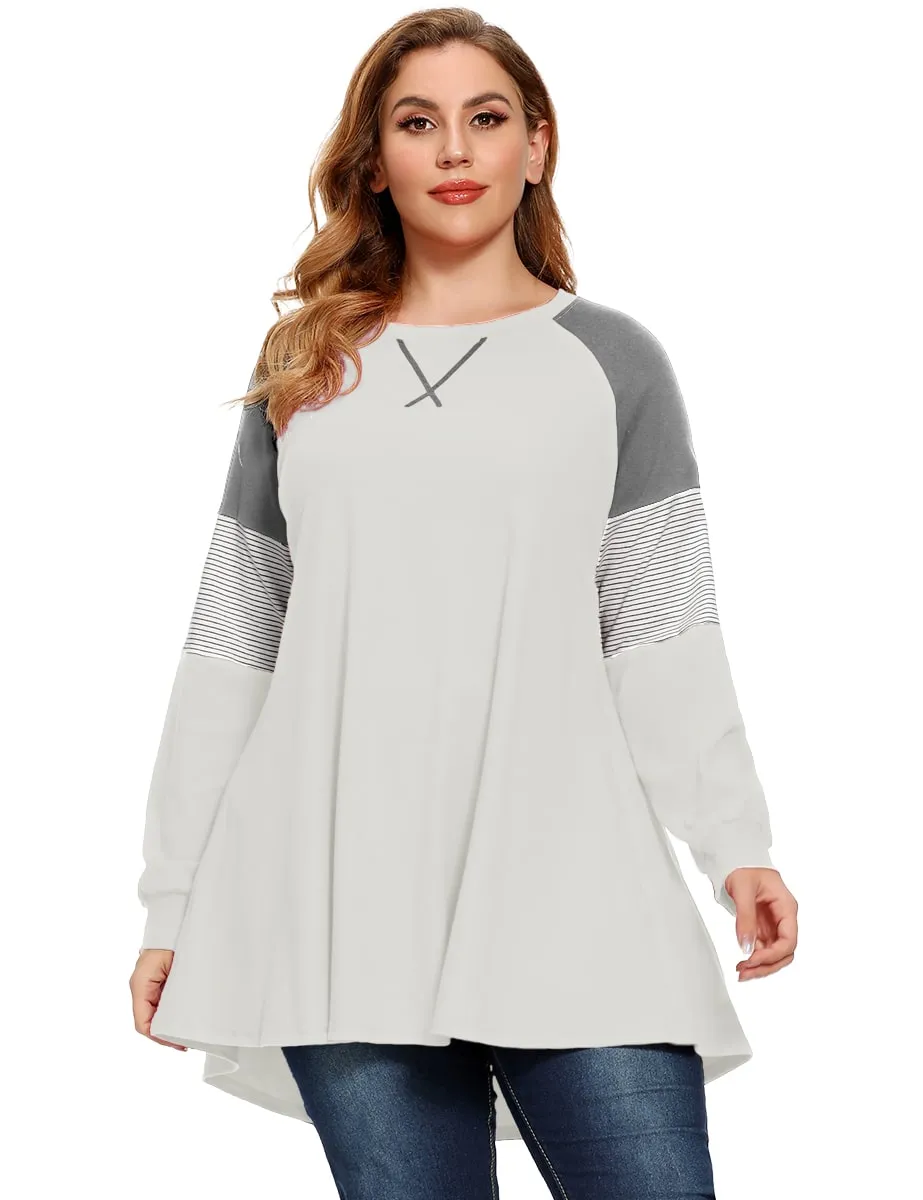 Plus Size Color Block Long Sleeve Tunic Striped Raglan Pullover - LARACE 8087