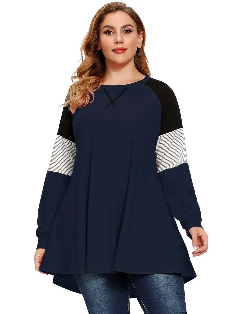 Plus Size Color Block Long Sleeve Tunic Striped Raglan Pullover - LARACE 8087