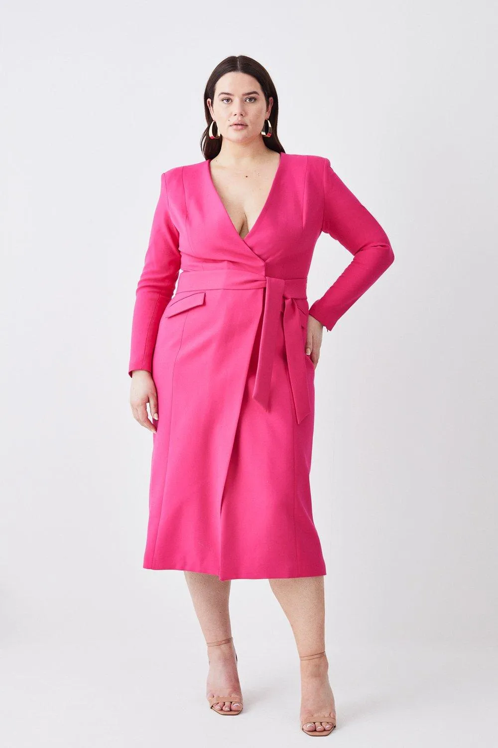 Plus Size Compact Stretch Wrap Detail Beltedmidi Dress | Karen Millen