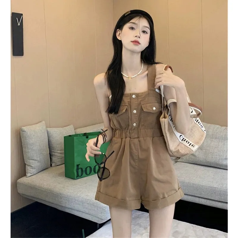 Plus size fat mm high waist retro workwear suspender denim shorts women's summer loose slimming curled straight wide leg pants