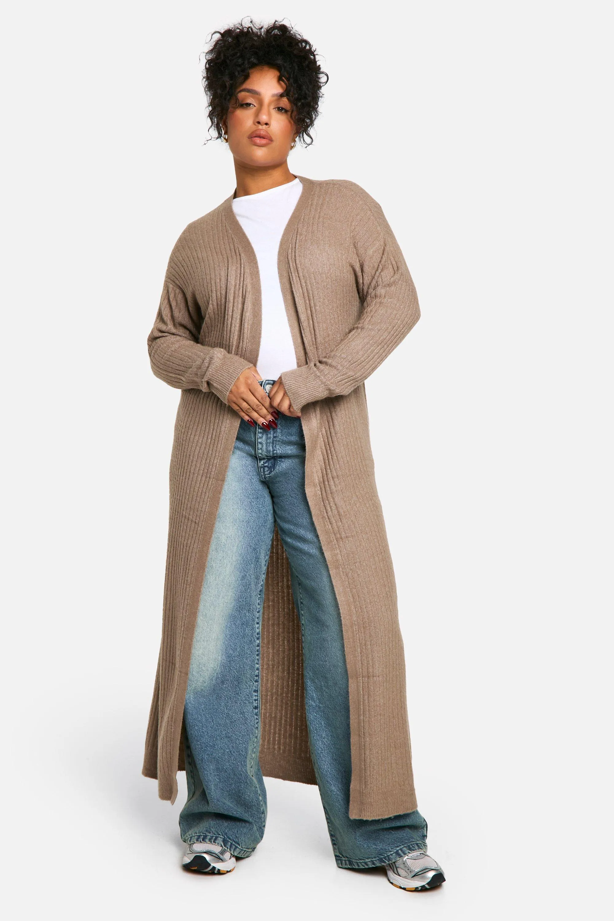 Plus Soft Rib Knit Longline Maxi Edge To Edge Cardigan