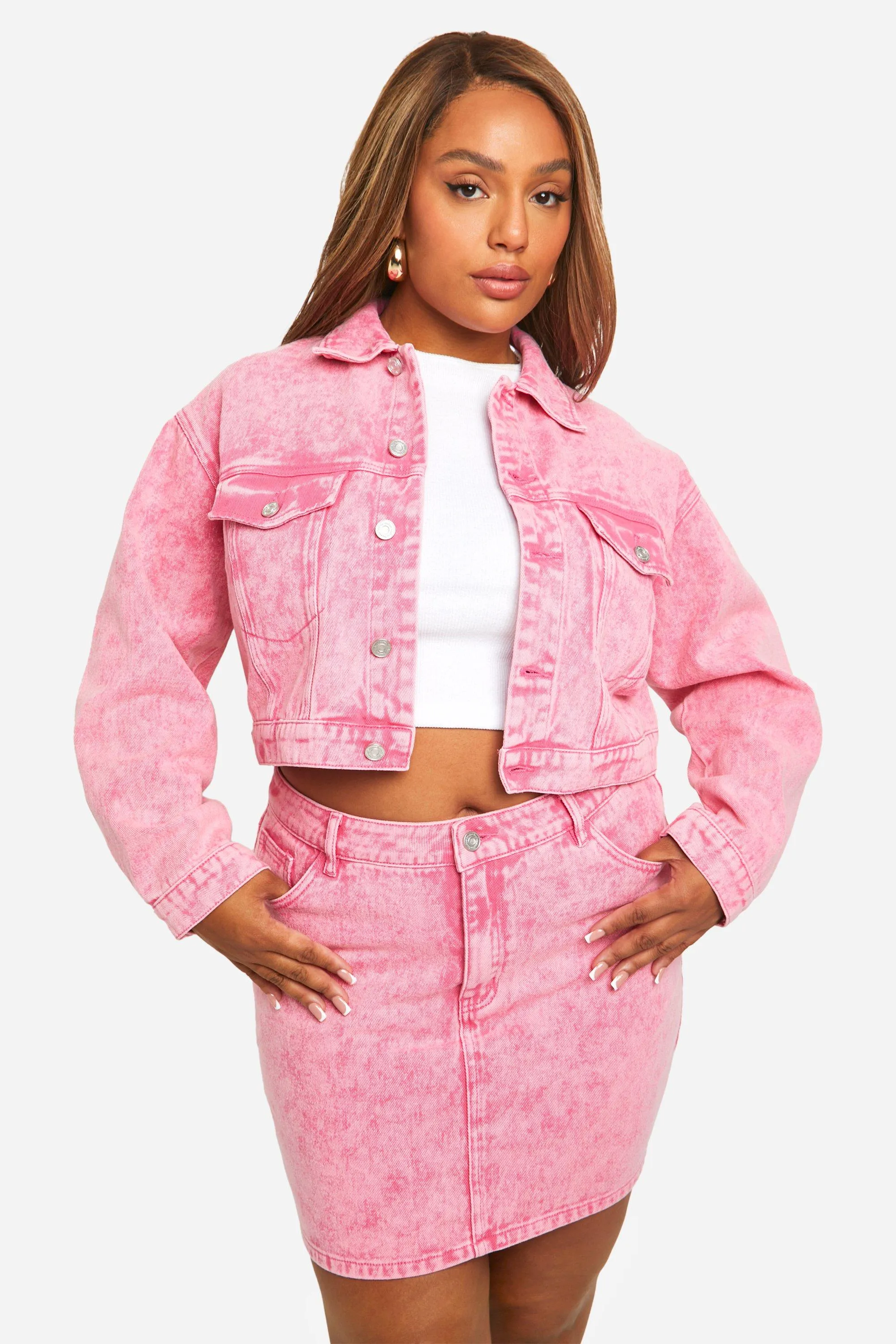 Plus Washed Denim Longline Crop Jacket