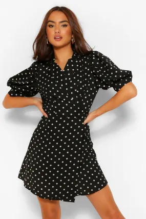 Polka Dot Puff Shoulder Wrap Dress