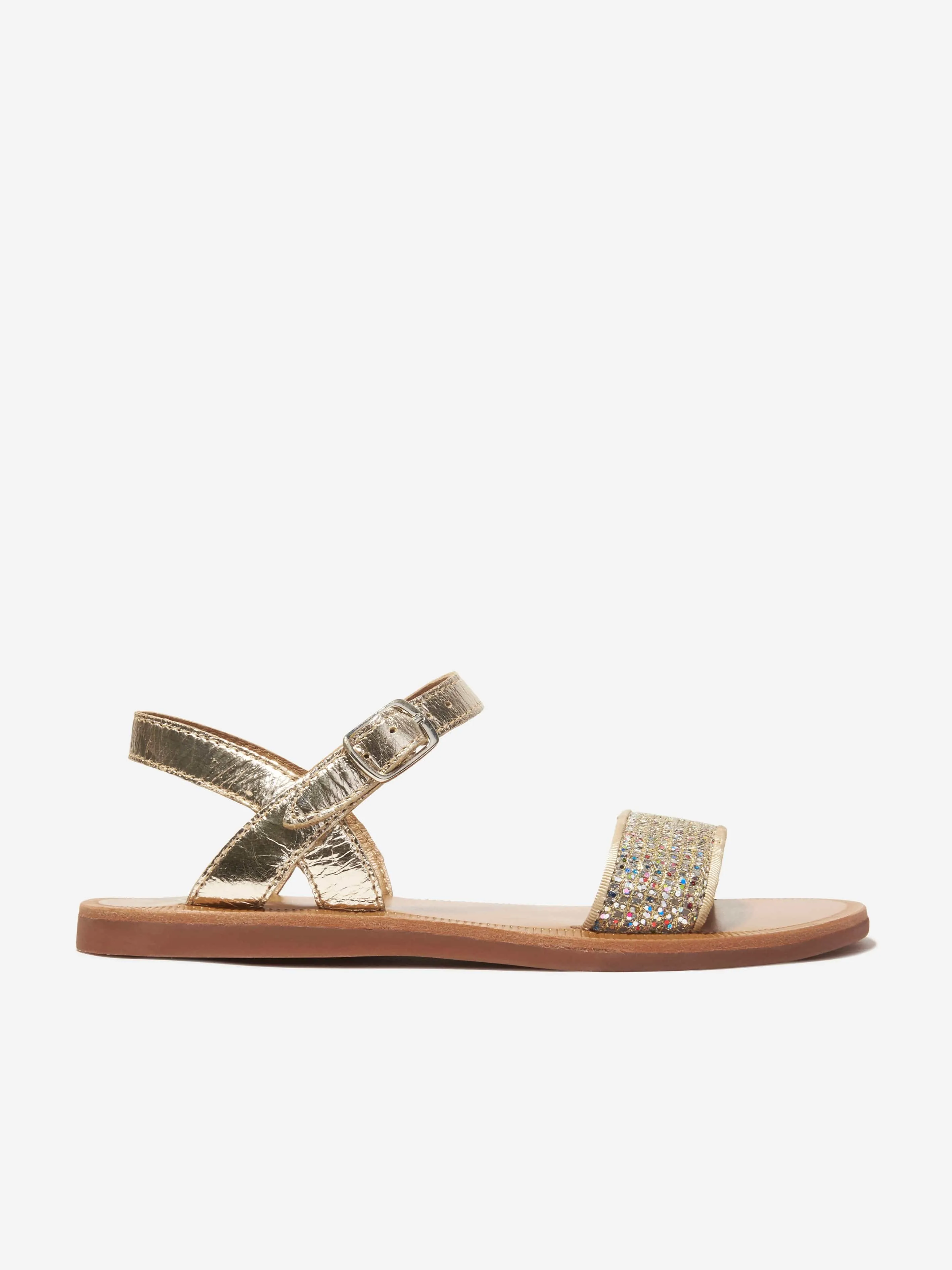 Pom D'Api Girls Leather Plagette Buckle Tao Sandals in Gold