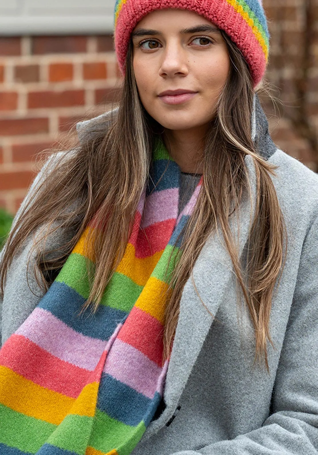 Pom Striped Knit Scarf, Rainbow