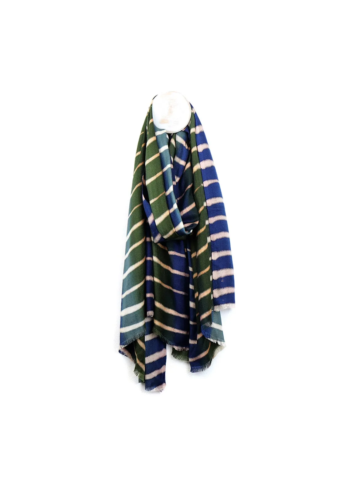 Pom Striped Soft Feel Scarf, Navy and Green