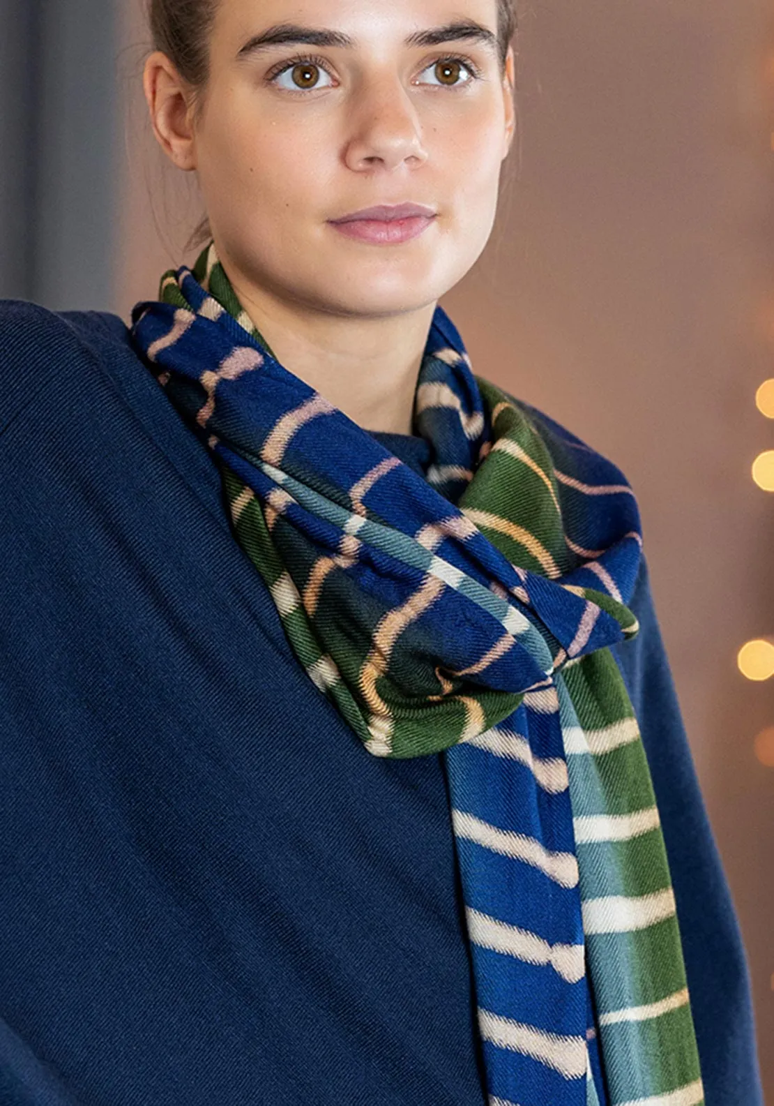 Pom Striped Soft Feel Scarf, Navy and Green