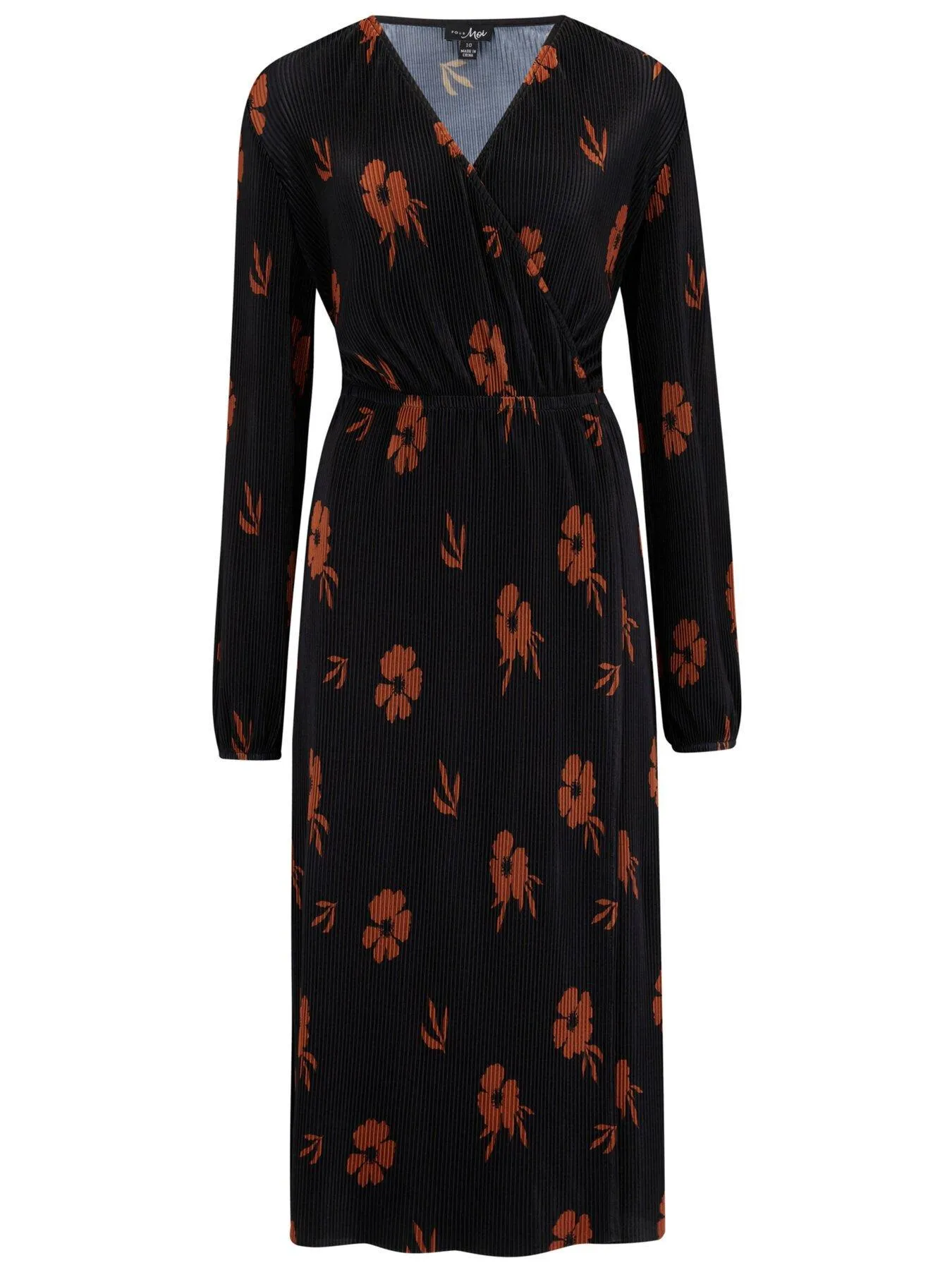 Pour Moi Jada Plisse Long Sleeve Wrap Midi Dress - Black/Multi
