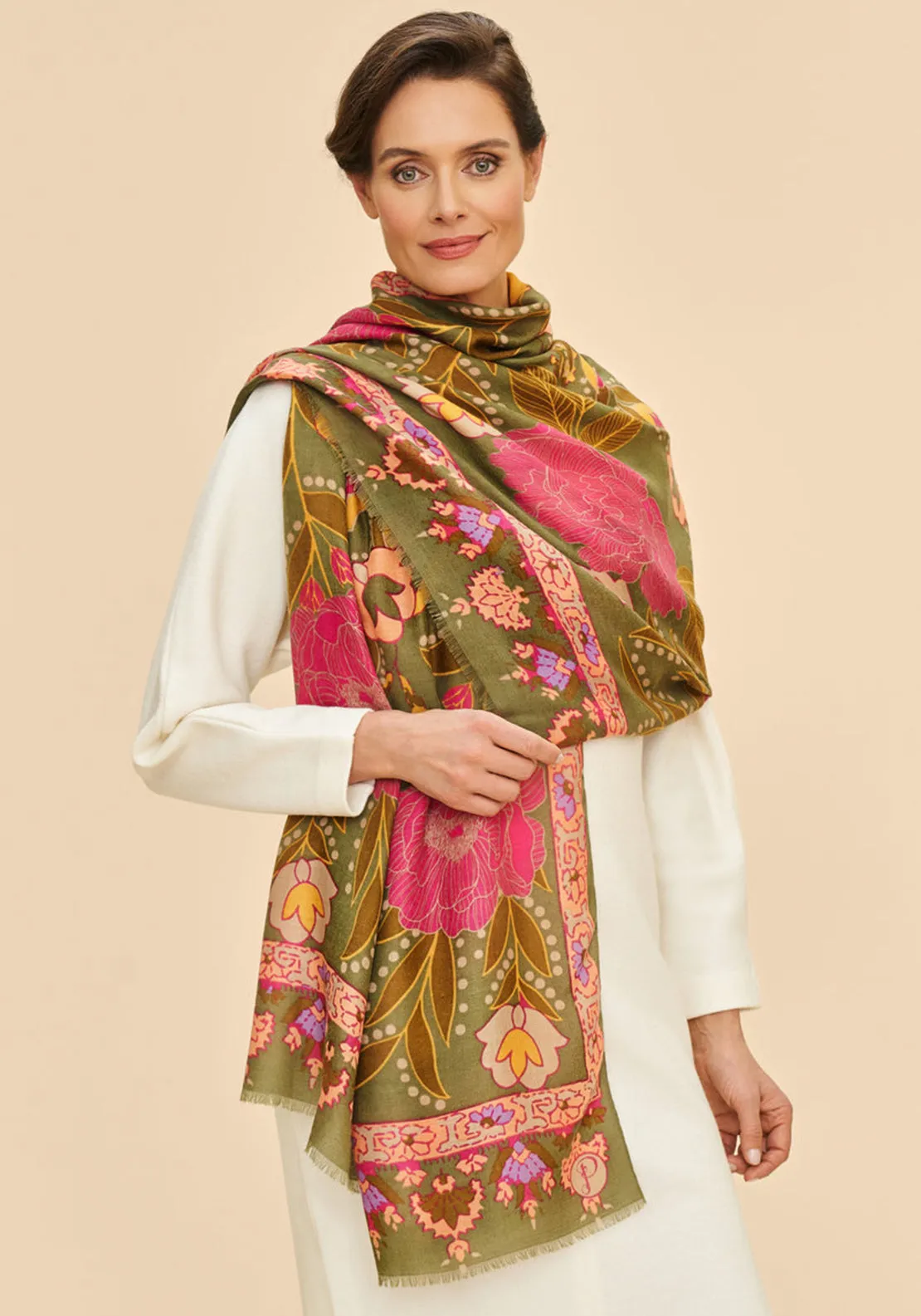 Powder Folk Floral Printed Scarf, Olive Multi