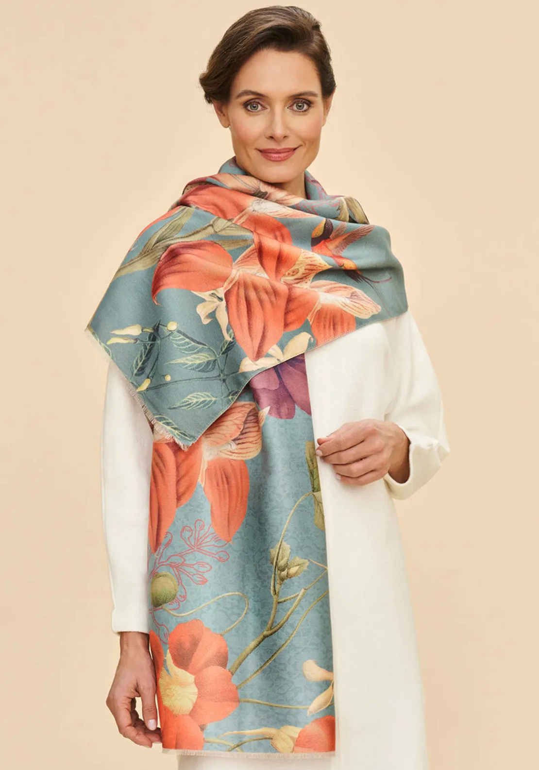 Powder Hummingbird at Dusk Luxurious Scarf, Denim Multi