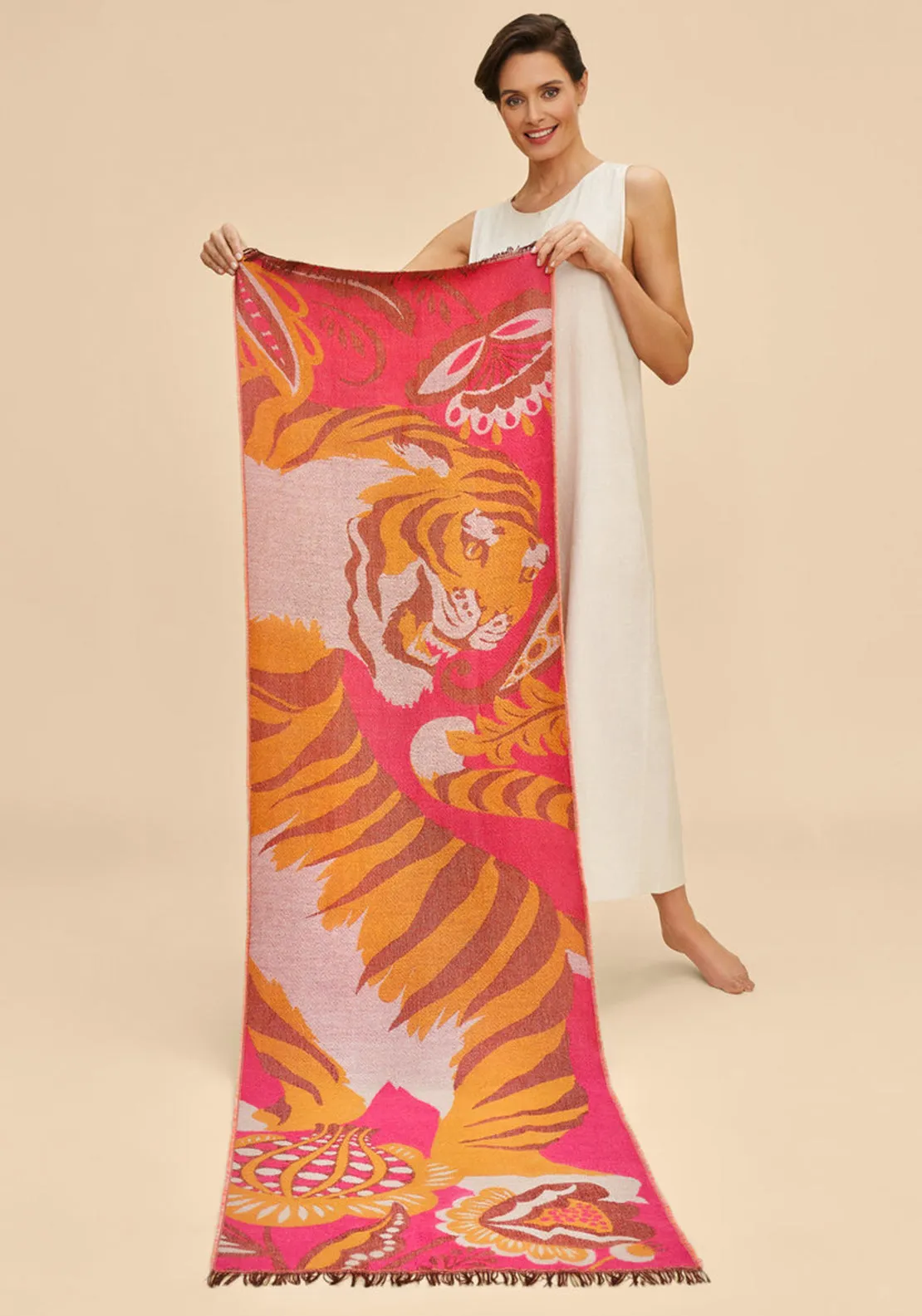 Powder Thrill of the Tiger Woven Scarf, Fuchsia