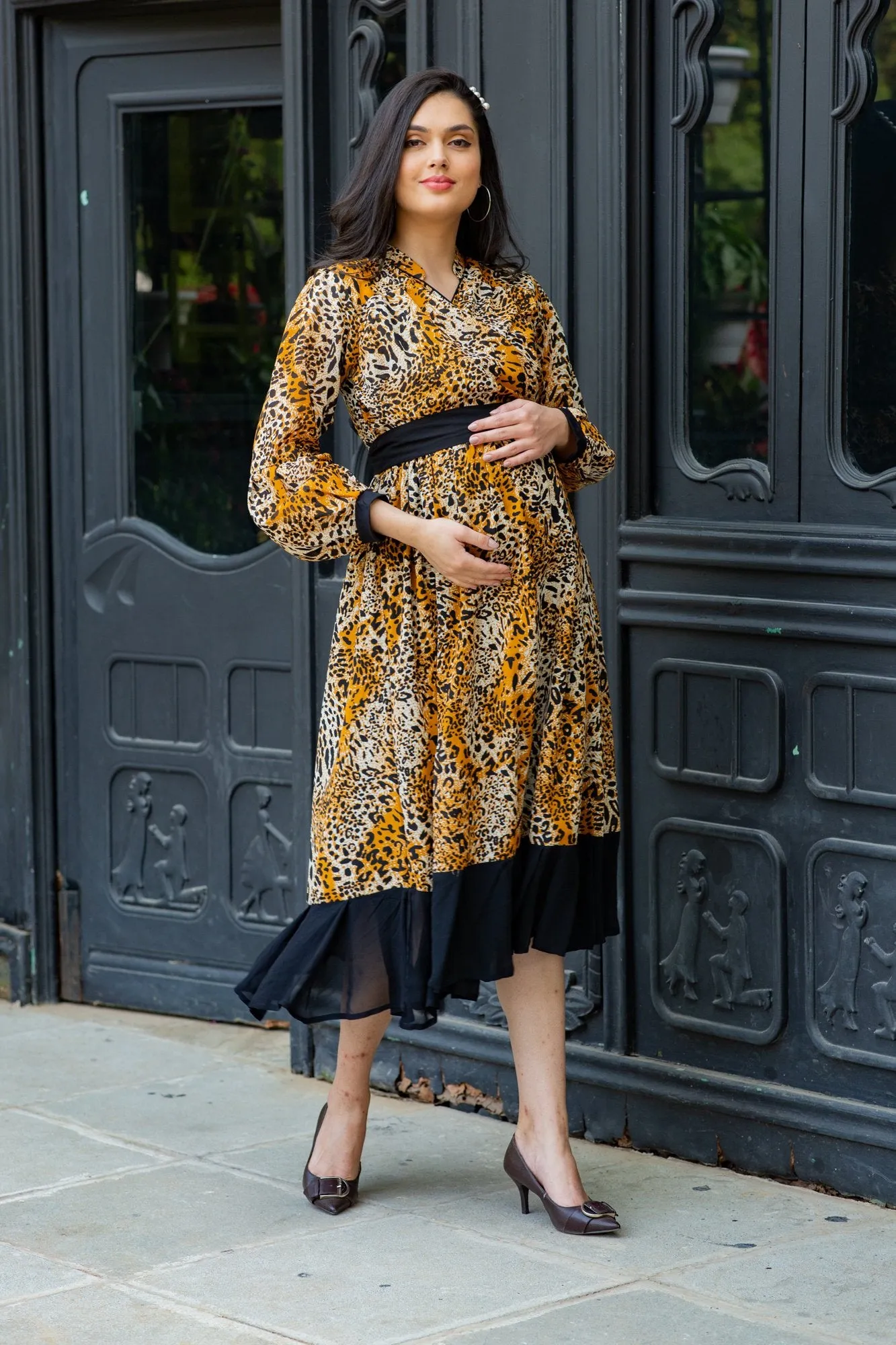 Premium Tropical Brown Maternity & Nursing Midi Wrap Dress