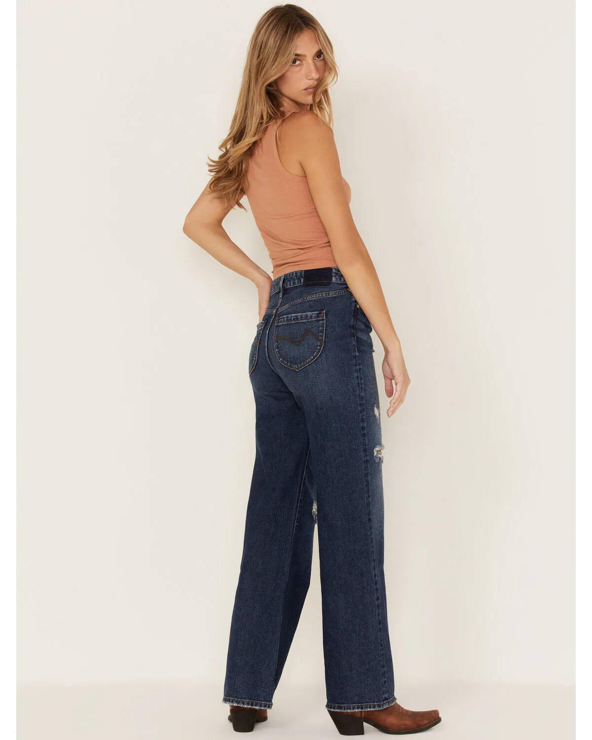 Product Name:  Cleo + Wolf Women's Medium Wash High Rise Patchwork Distressed Straight Jeans