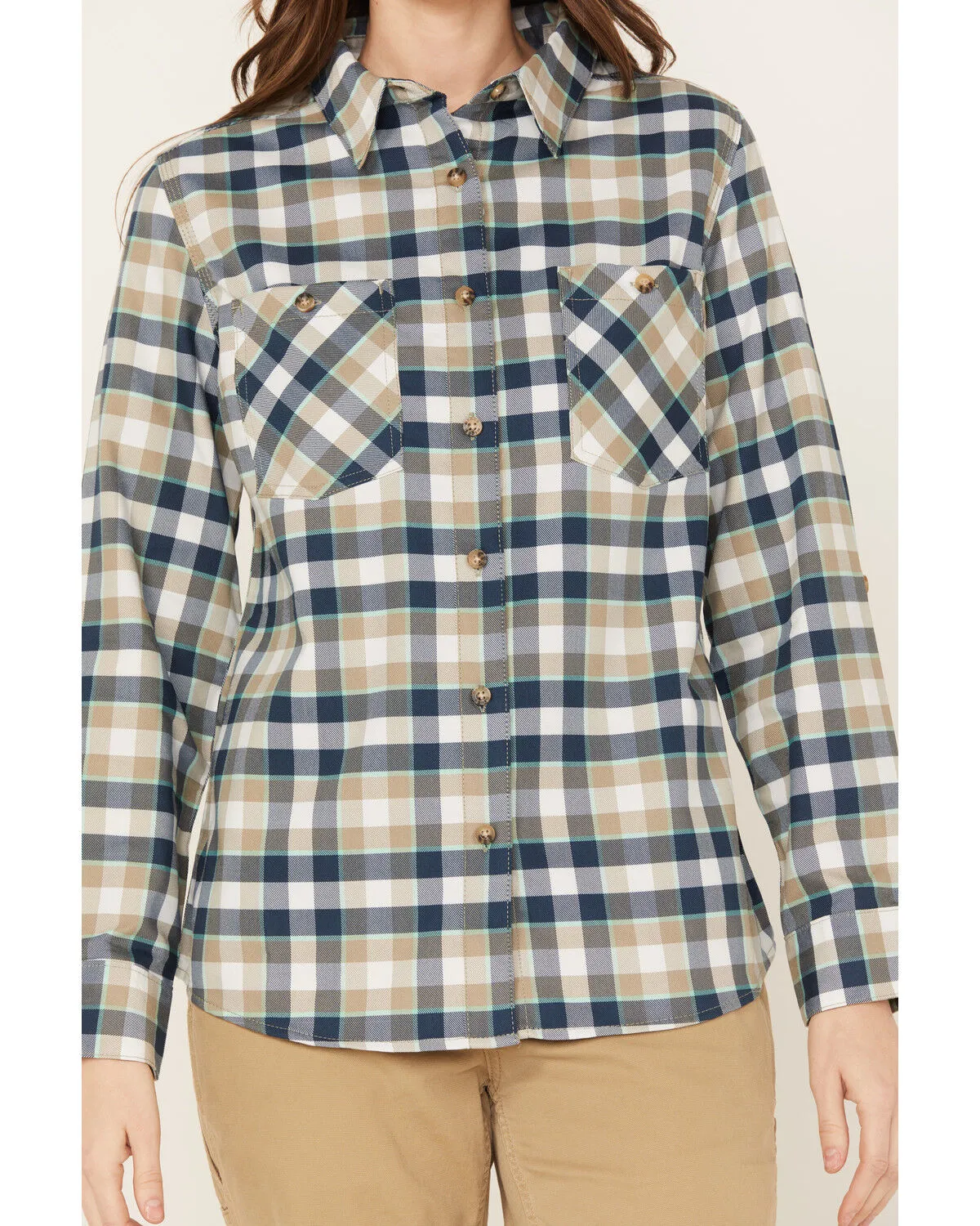 Product Name:  Wrangler Riggs Workwear Women's Plaid Print Long Sleeve Button Down Shirt