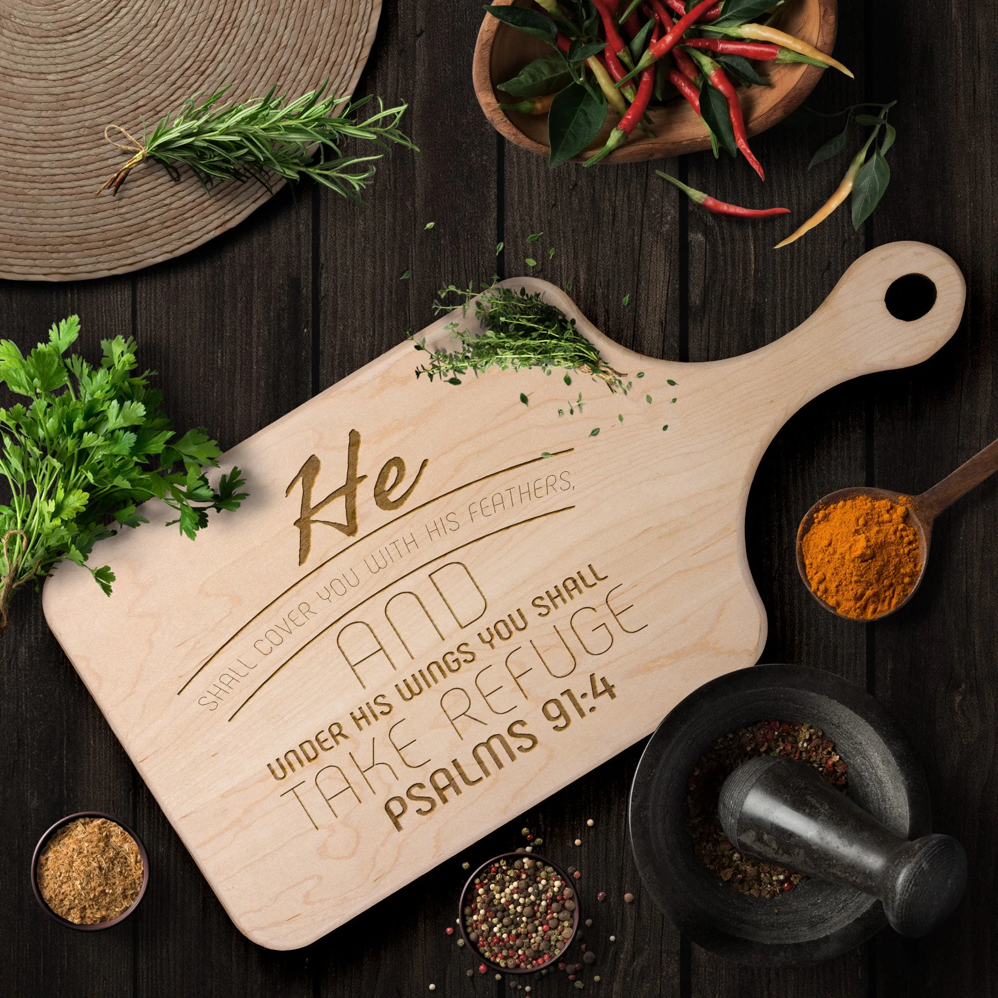 Products Bible Verse Hardwood Paddle Cutting Board - Under His Wings You Shall Take Refuge ~Psalm 91:4~ Design 7