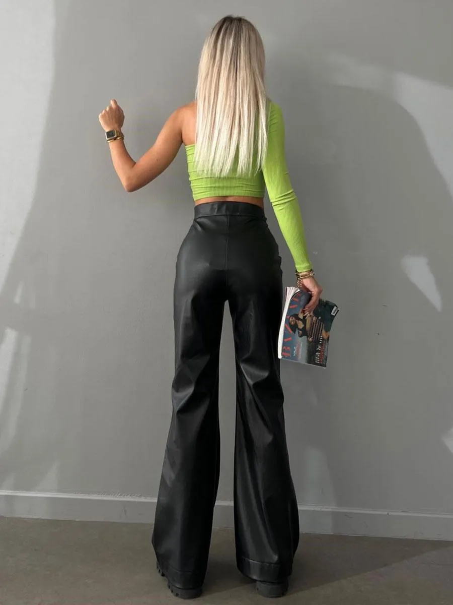 PU Leather Pants Drawstring Raised Waist Trousers For Women