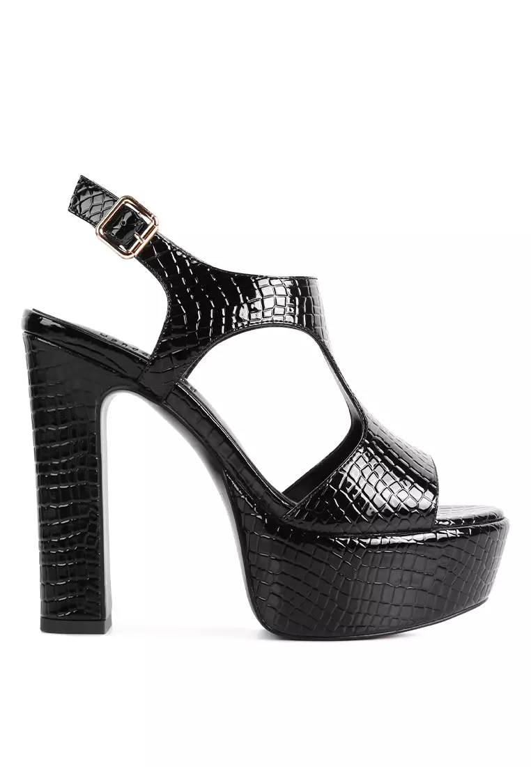 Rag & CO. Black Croc High Heeled Cut Out Sandals