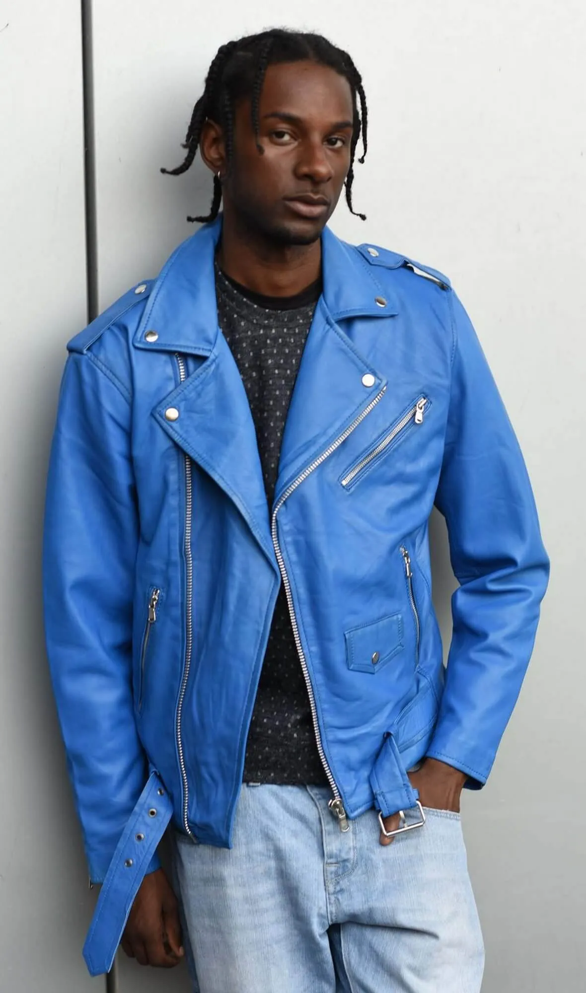 Real Leather Brando - Mens Cross-Zip Brando Jacket-Blue