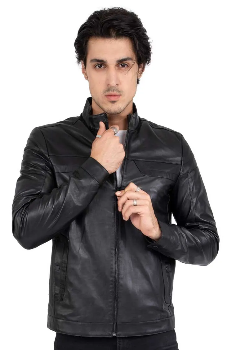 Real Leather Tailored Fit Mens Black Biker Jacket - B202