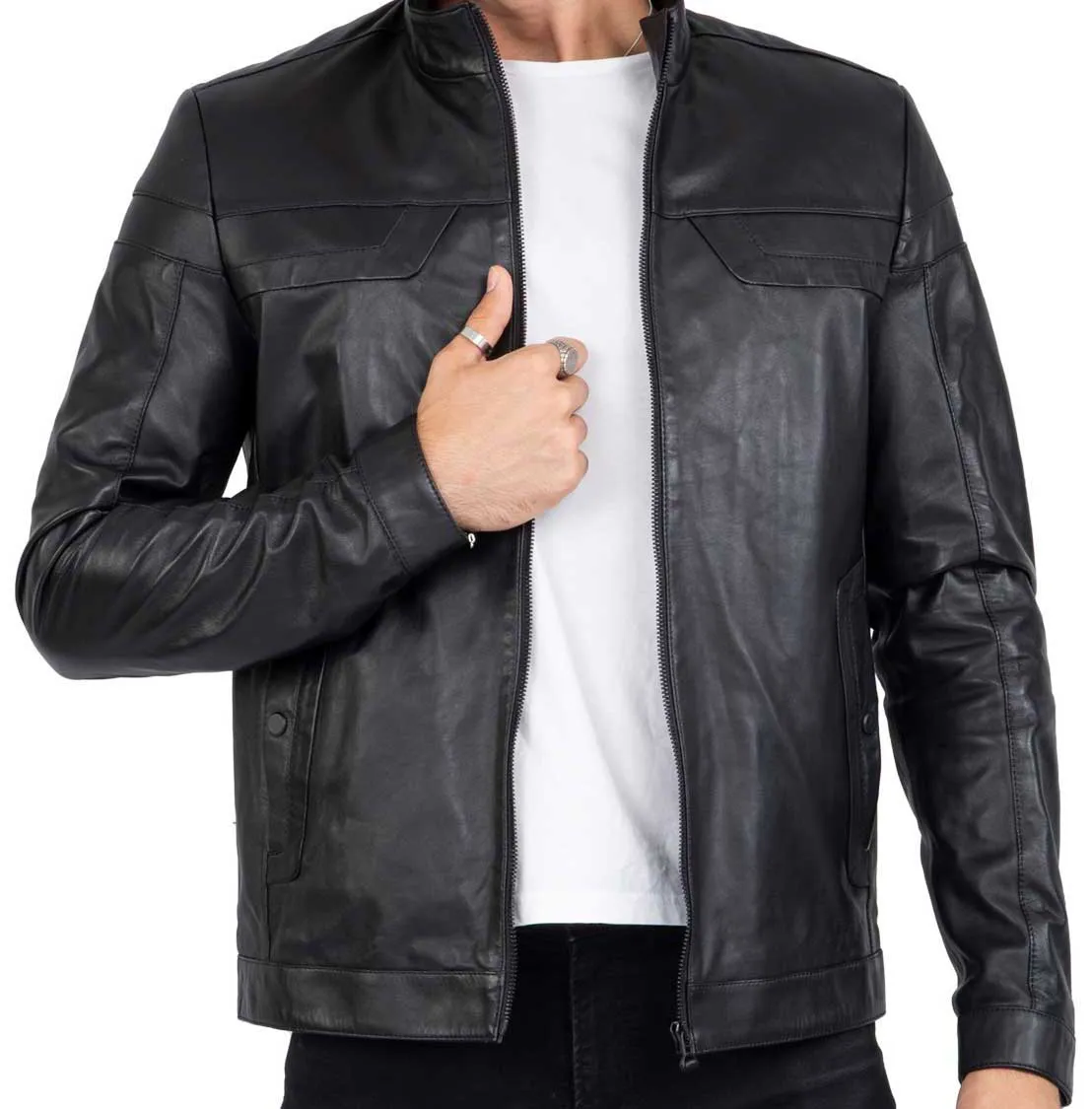 Real Leather Tailored Fit Mens Black Biker Jacket - B202