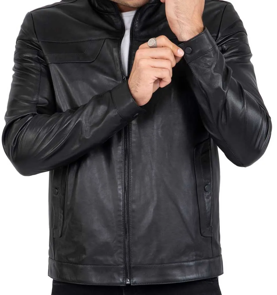 Real Leather Tailored Fit Mens Black Biker Jacket - B202