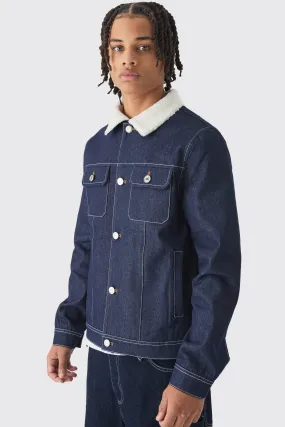 Regular Borg Collar Contrast Stitch Indigo Jacket