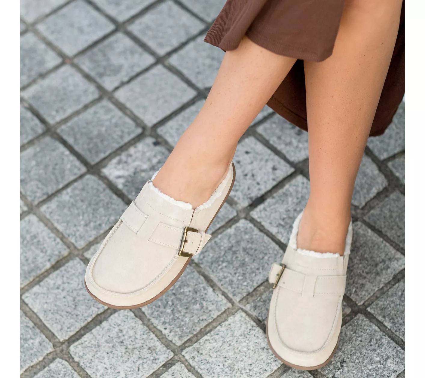Revitalign Orthotic Faux Fur Suede Buckle Mules - Siesta Snug