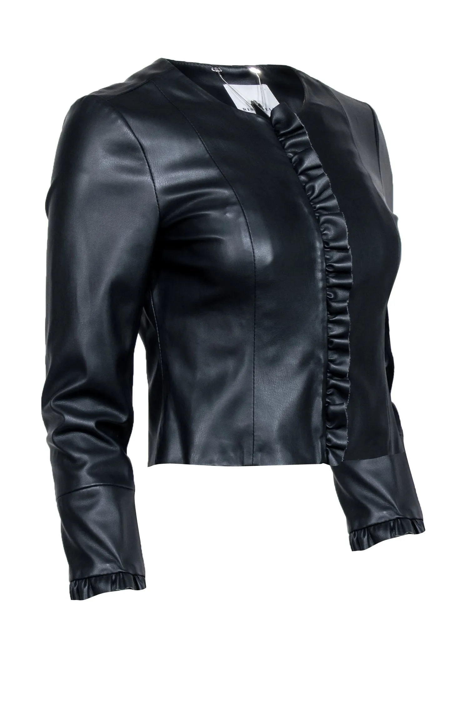 Rino & Pelle - Navy Blue Cropped Vegan Leather Jacket w/ Ruffles Sz 2