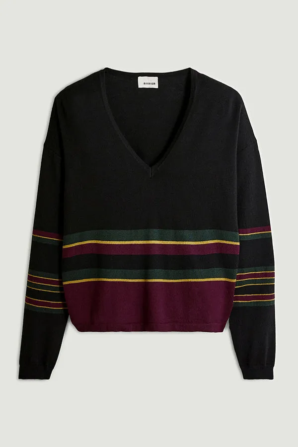 Rodier BLACK STRIPED MERINO WOOL V-NECK SWEATER