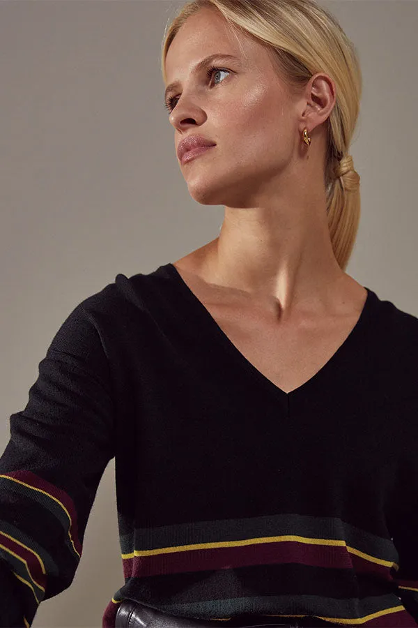 Rodier BLACK STRIPED MERINO WOOL V-NECK SWEATER