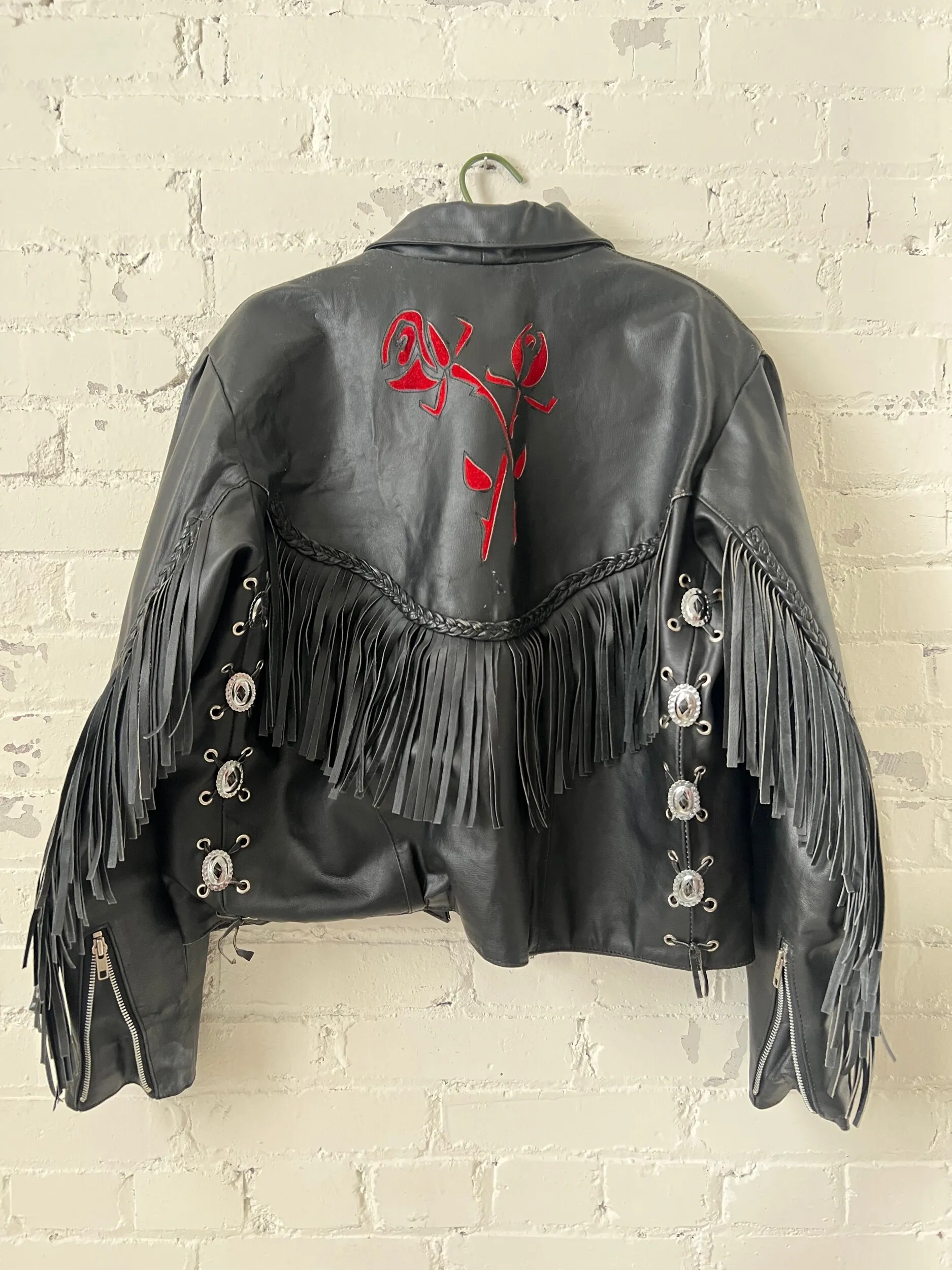 Rose Inlay Leather Moto Jacket w/Fringe & Braided Trim, XL-