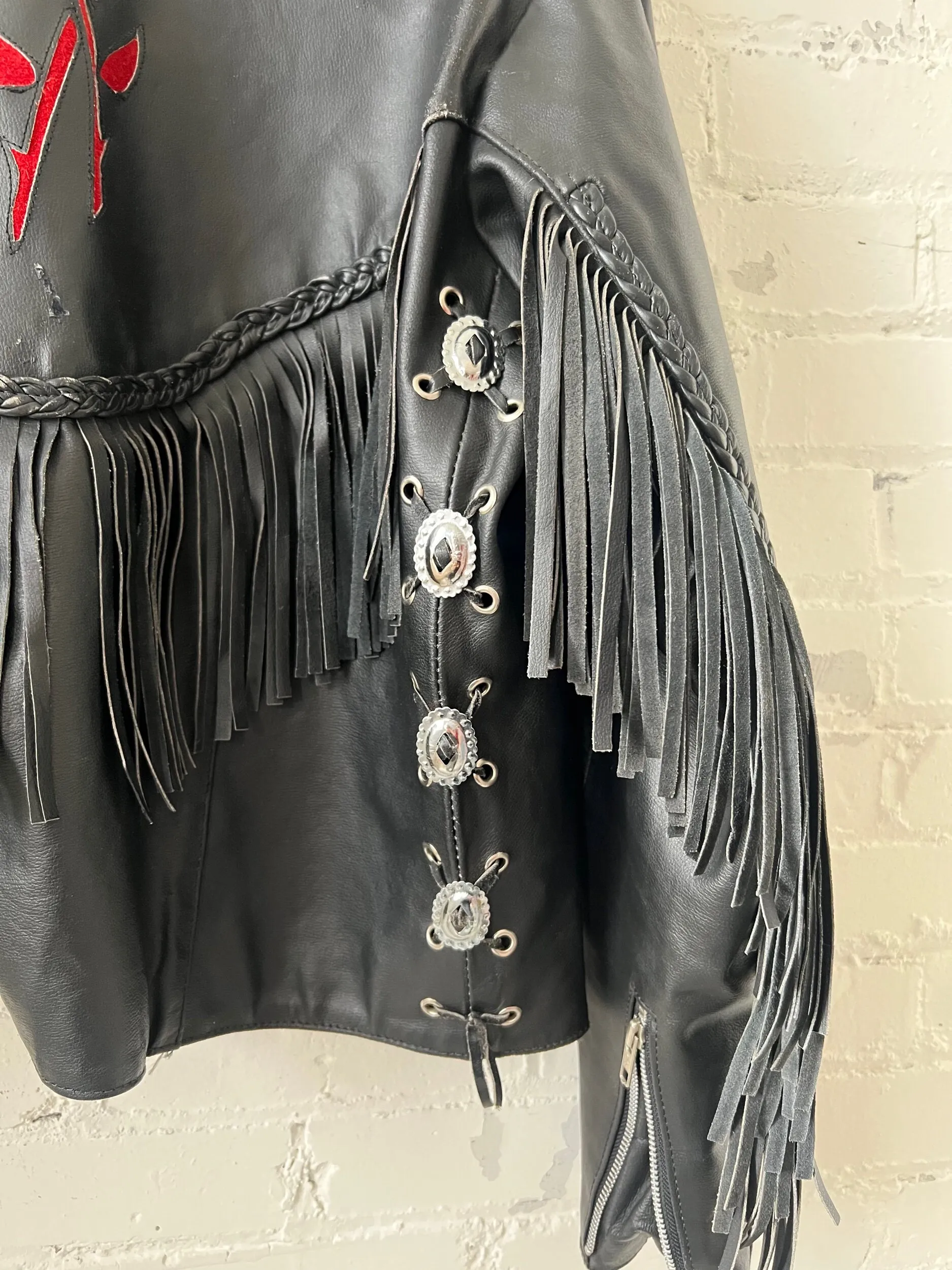 Rose Inlay Leather Moto Jacket w/Fringe & Braided Trim, XL-