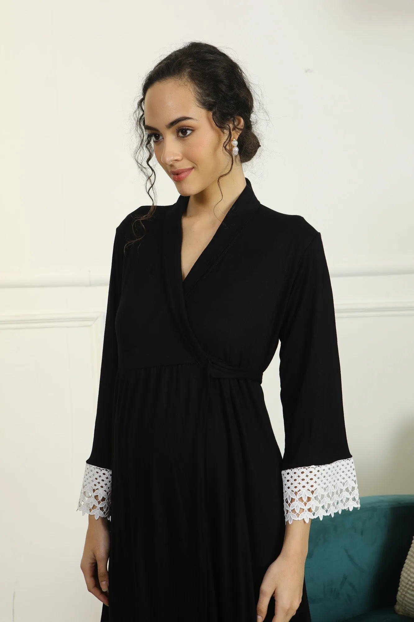 Royal Black Lycra Maternity & Nursing Wrap Nightwear Dress + Matching Baby Swaddle Set Of 2