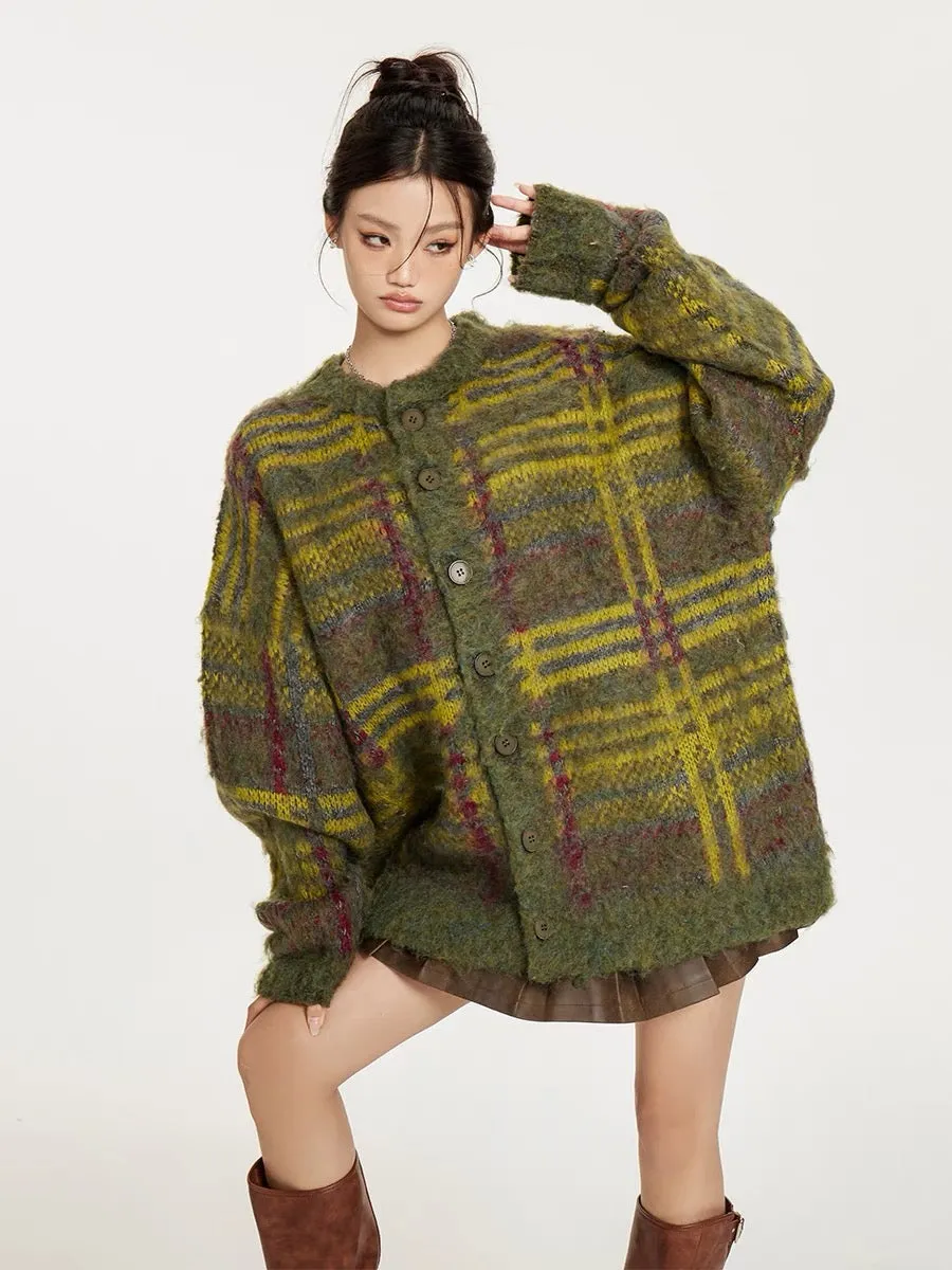 Sanowers American retro contrasting color mohair cardigan sweater for women autumn and winter new casual couple knitted jacket (