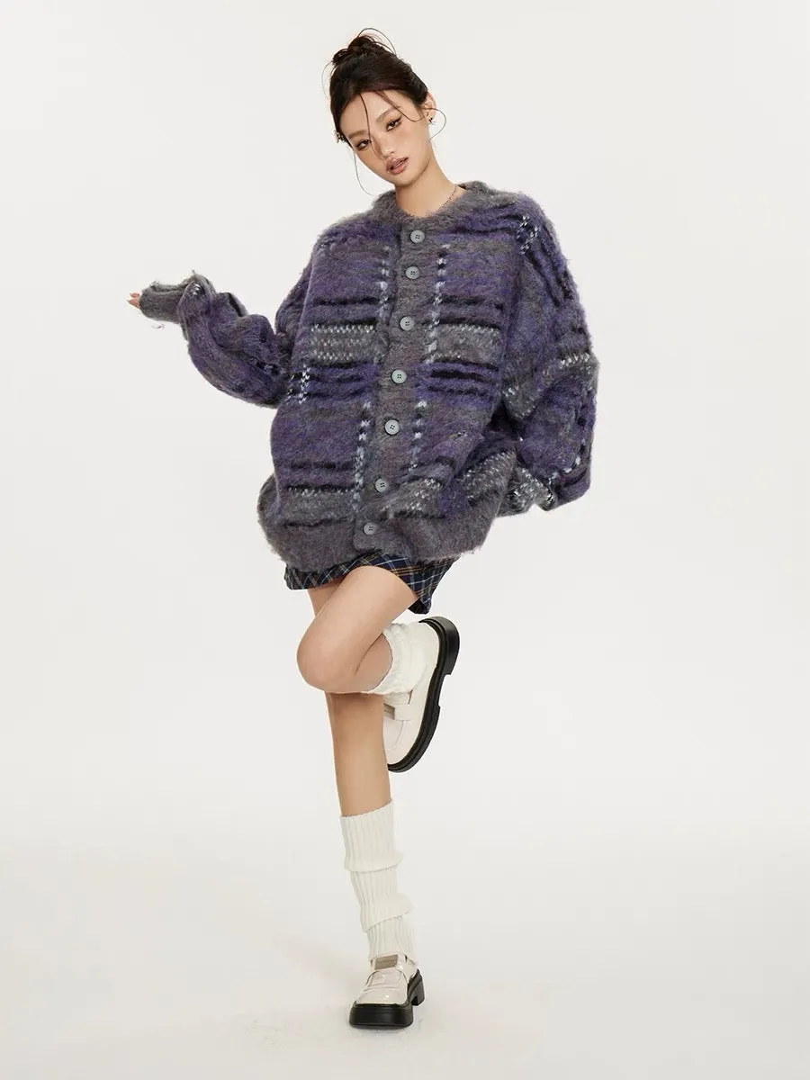 Sanowers American retro contrasting color mohair cardigan sweater for women autumn and winter new casual couple knitted jacket (