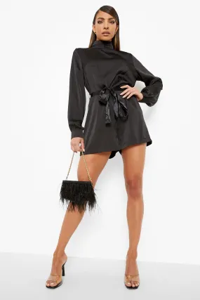 Satin Belted High Neck Romper