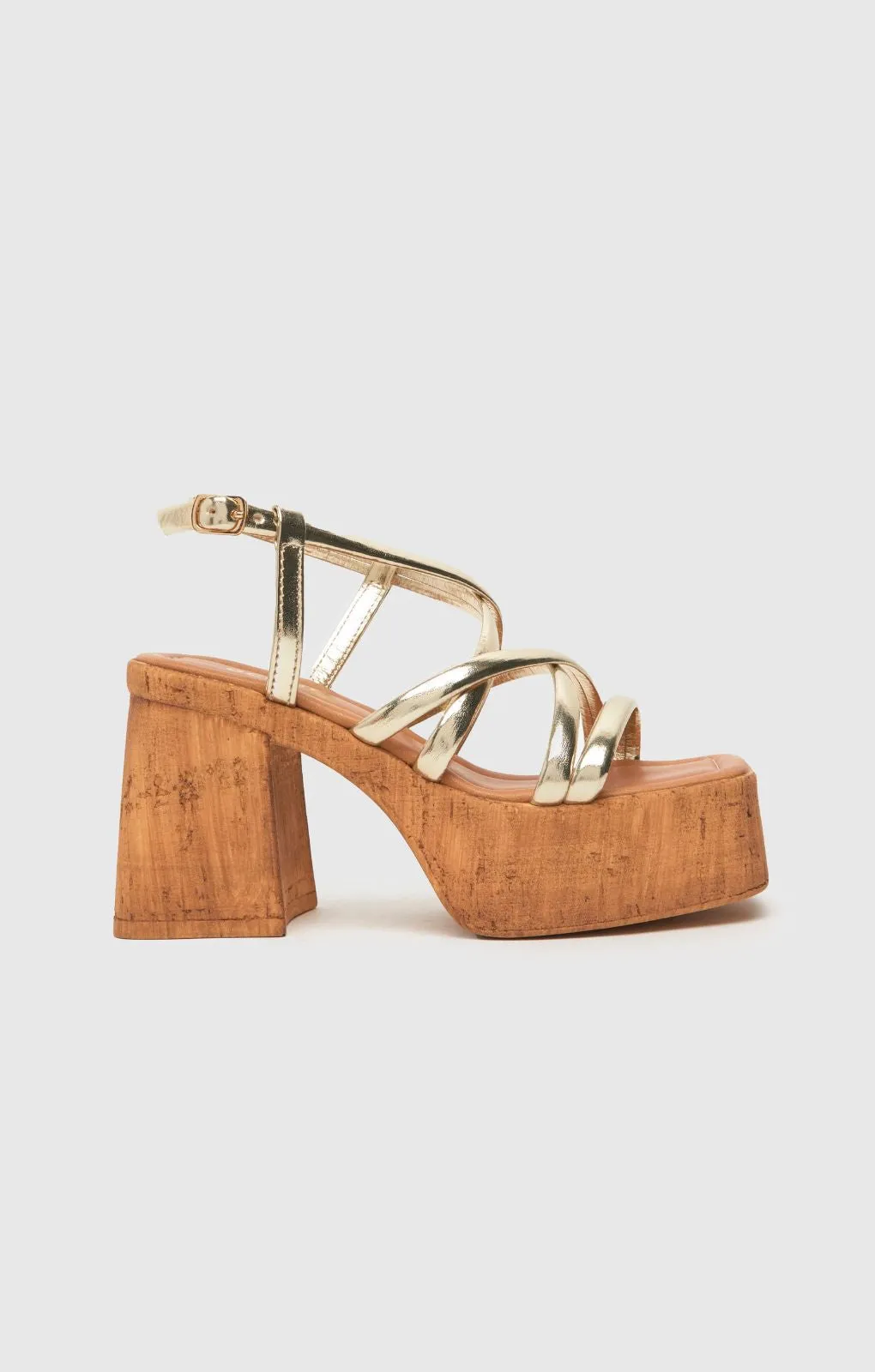 Schuh Vivian Strappy Cork Platform Sandals in Gold