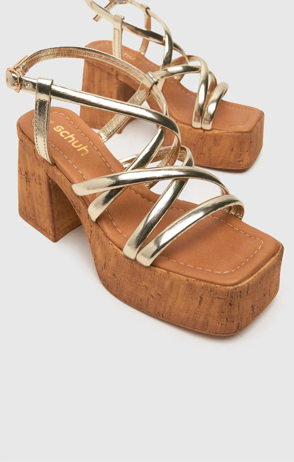 Schuh Vivian Strappy Cork Platform Sandals in Gold