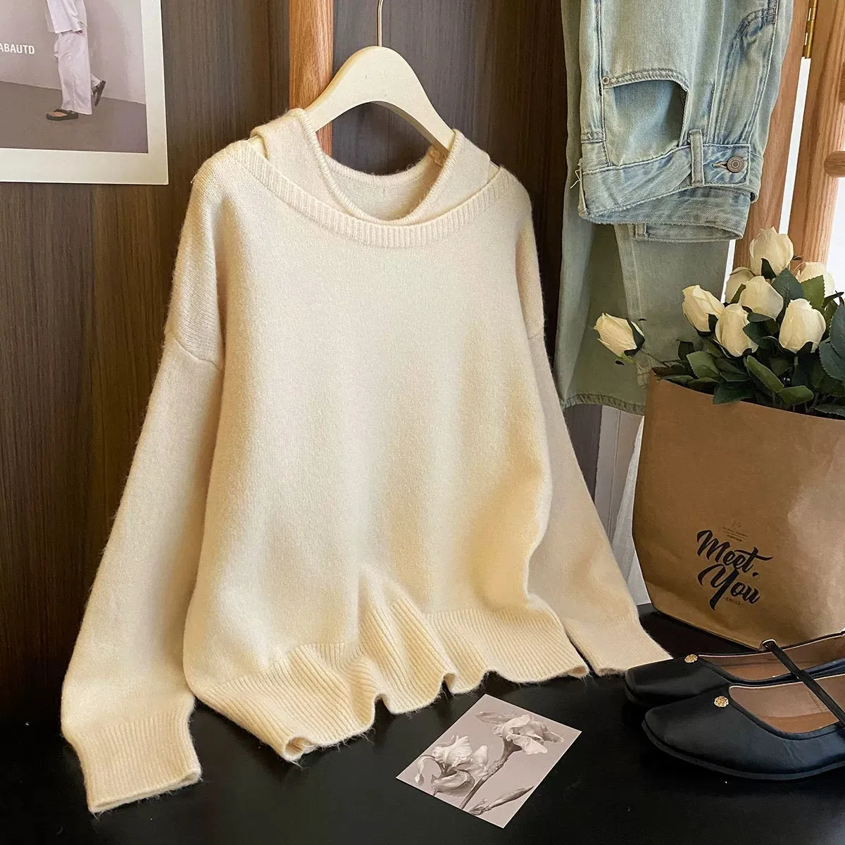 Senna Evening Breeze ~ Gentle, relaxed and high-end two-piece sweater set for women autumn vest one-shoulder blouse knitted top