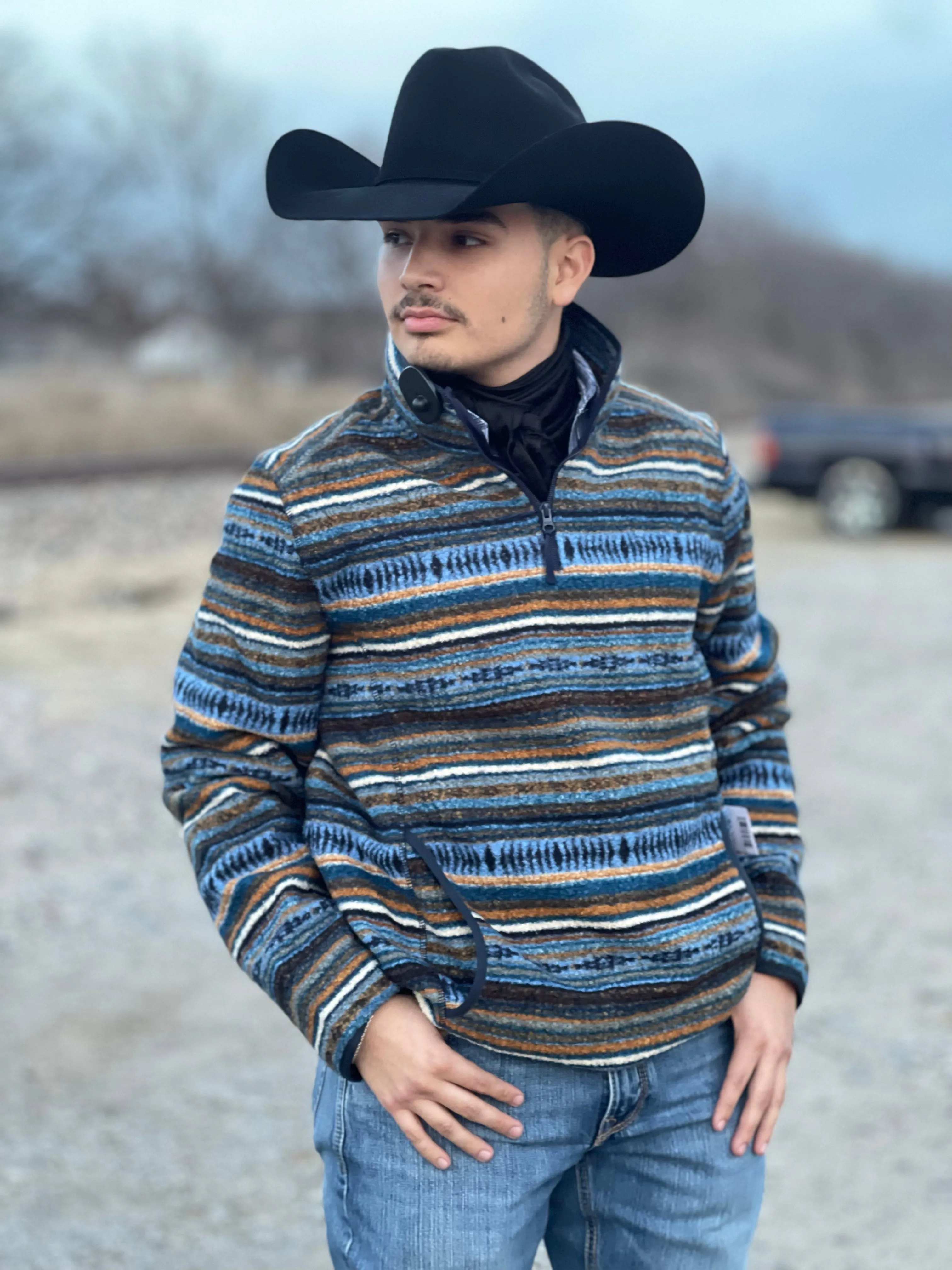 ‘’SERGIO’’ ROCK & ROLL  AZTEC STRIPE BERBER PULLOVER BLUE |BM91C02294