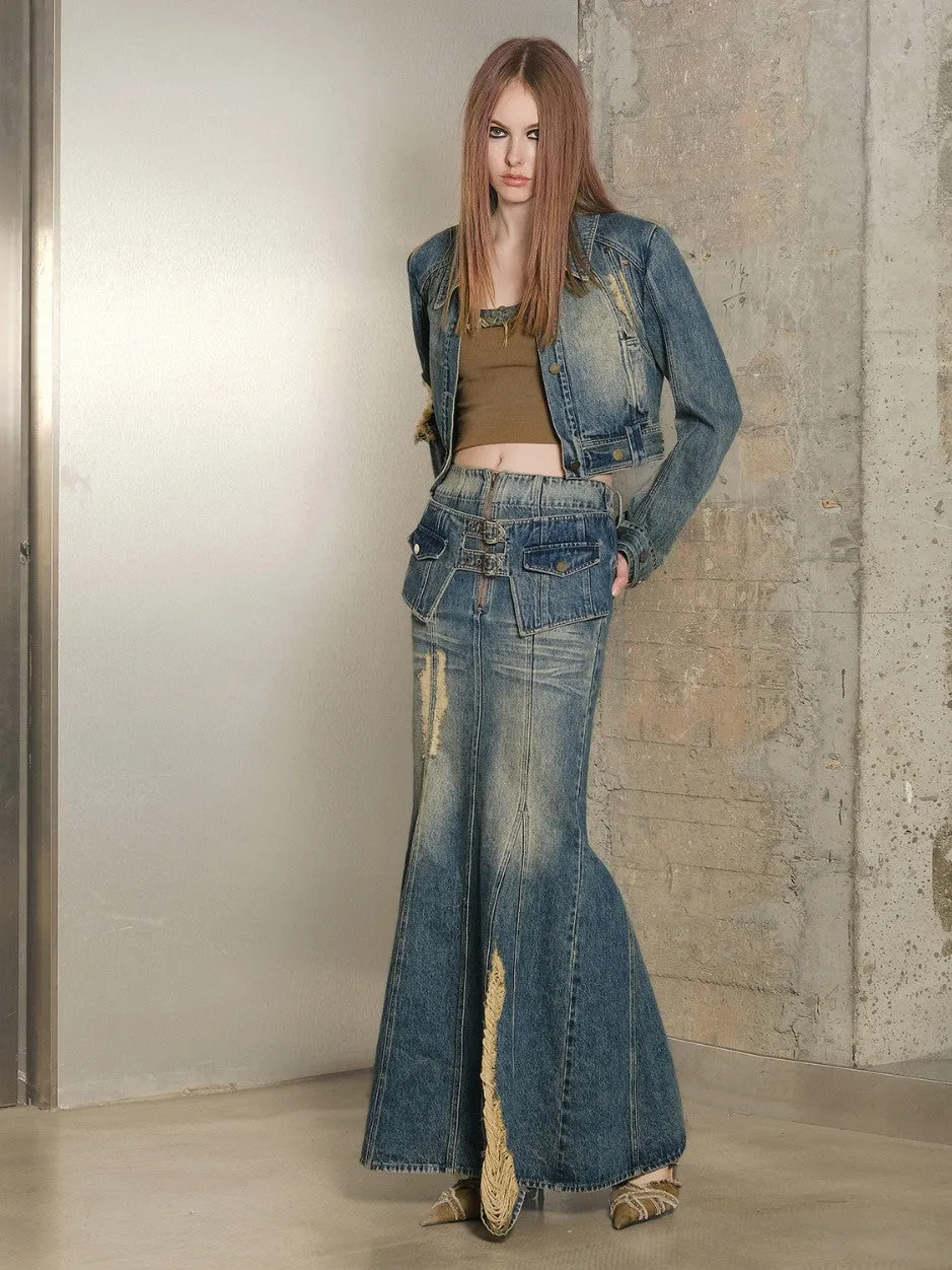 Set-Up Denim Washed Vintage Mermaid Jacket＆Long-Skirt