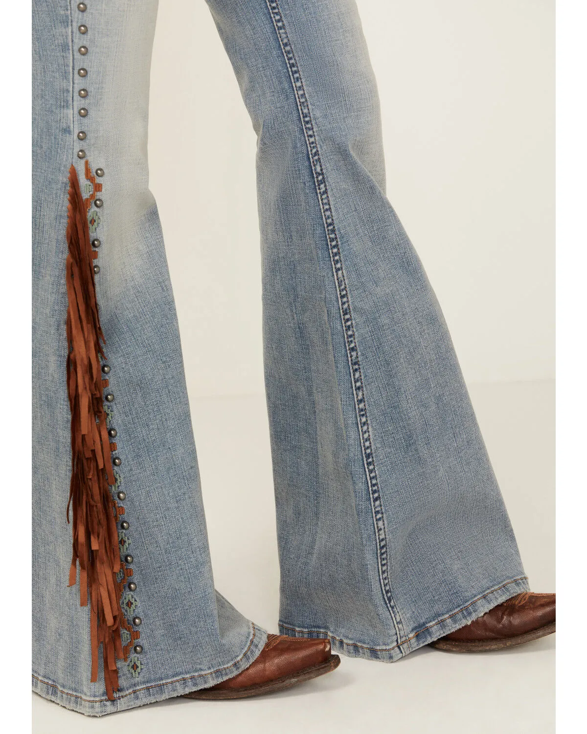 Shyanne Women's Tansy Medium Wash High Rise Fringe Embroidered Stretch Flare Jeans