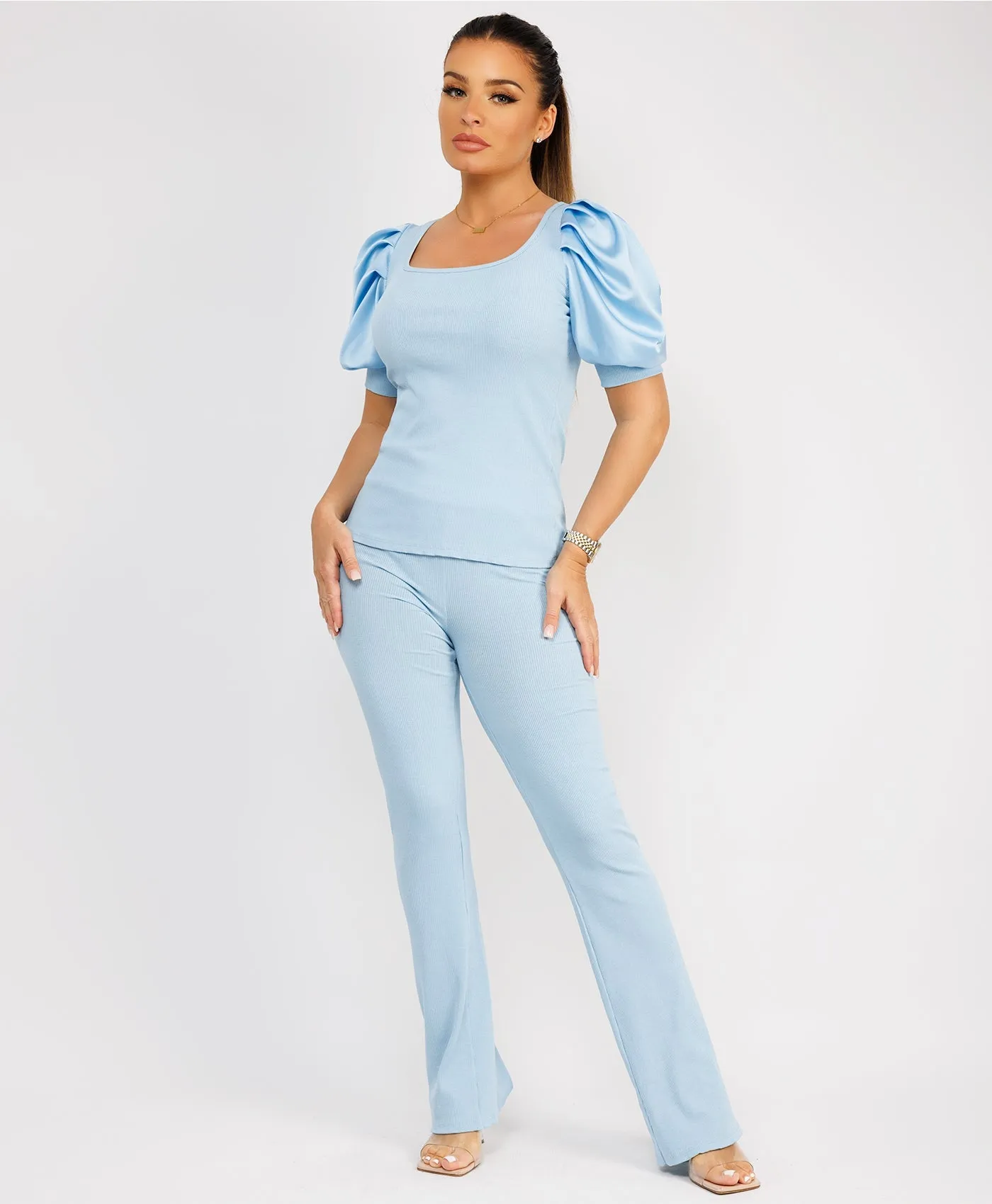 Sky Blue Satin Frill Puff Ribbed Top And Trousers Loungewear Set