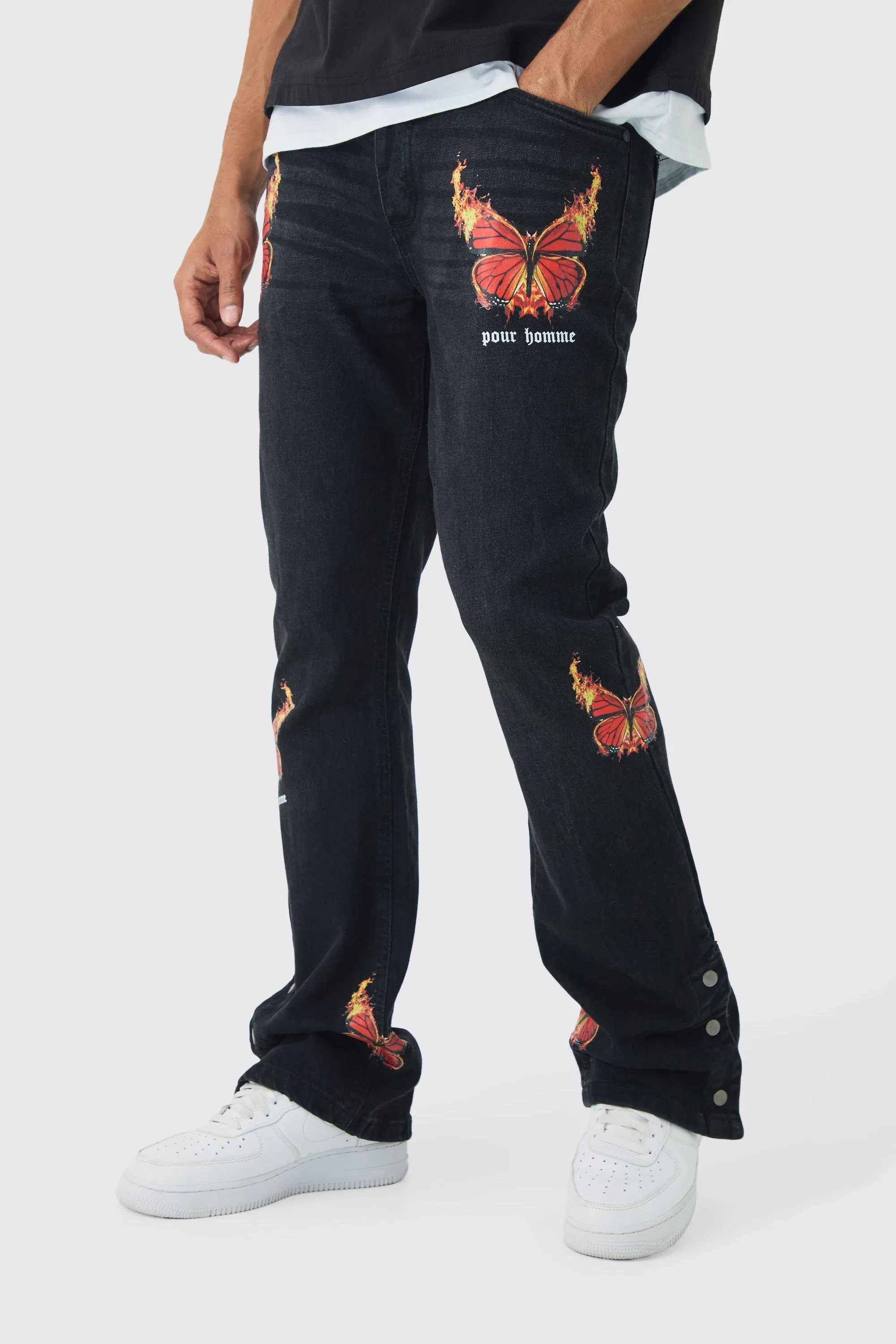 Slim Rigid Flare Popper Hem Graphic Butterfly Jeans