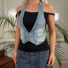 Smagli Jeans Halterneck Top - Small Blue Cotton